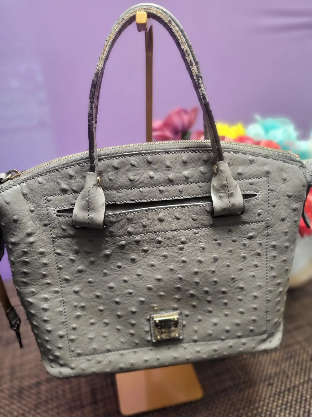 Dooney & Bourke Gray Ostrich Embossed Leather Satchel